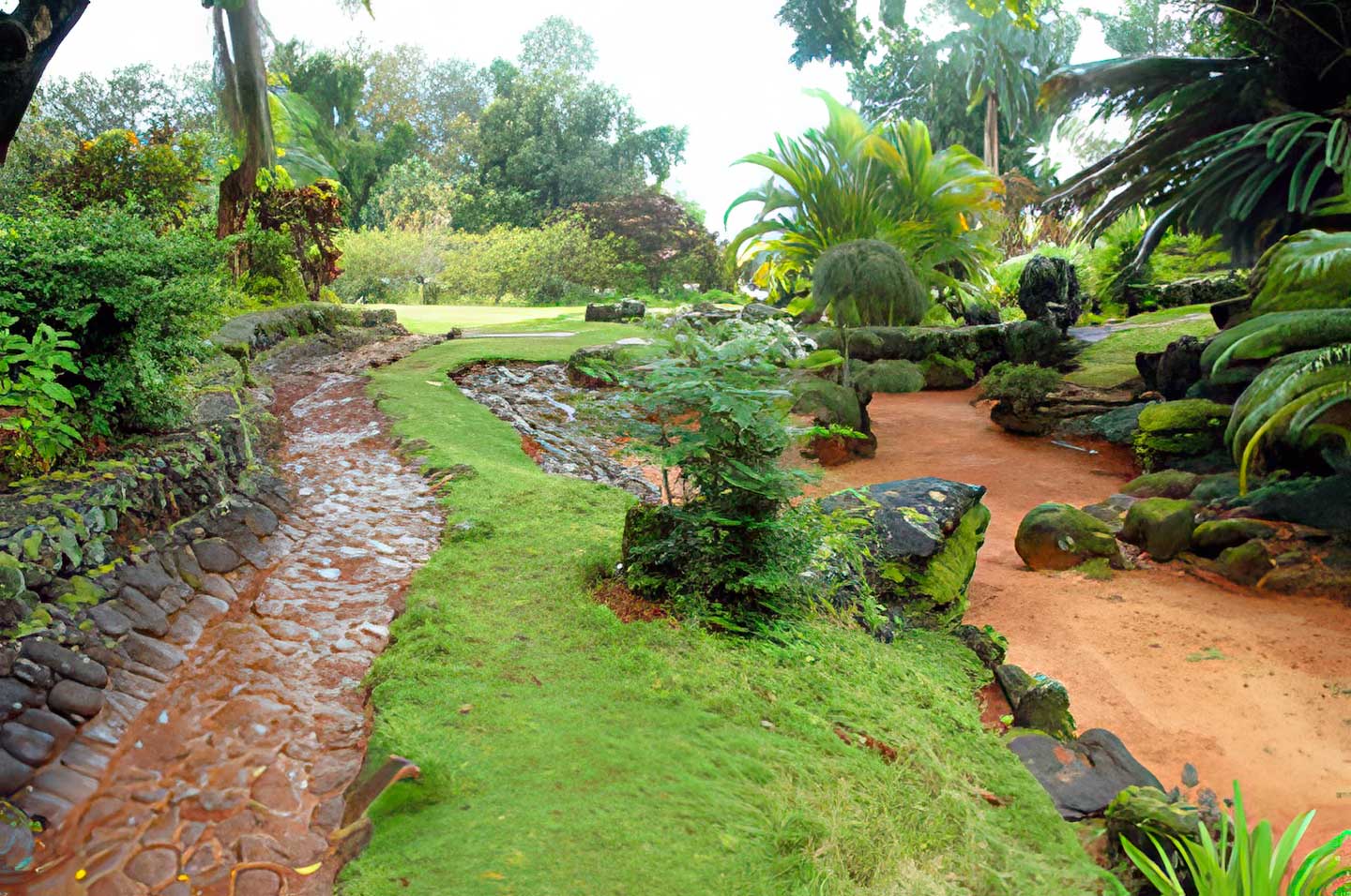 Red lava rock streambed and moss-lined pathways in a secluded corner of Kauai’s Kukuiolono Japanese Garden, a venue for Pastor Kilborn’s ceremonies.