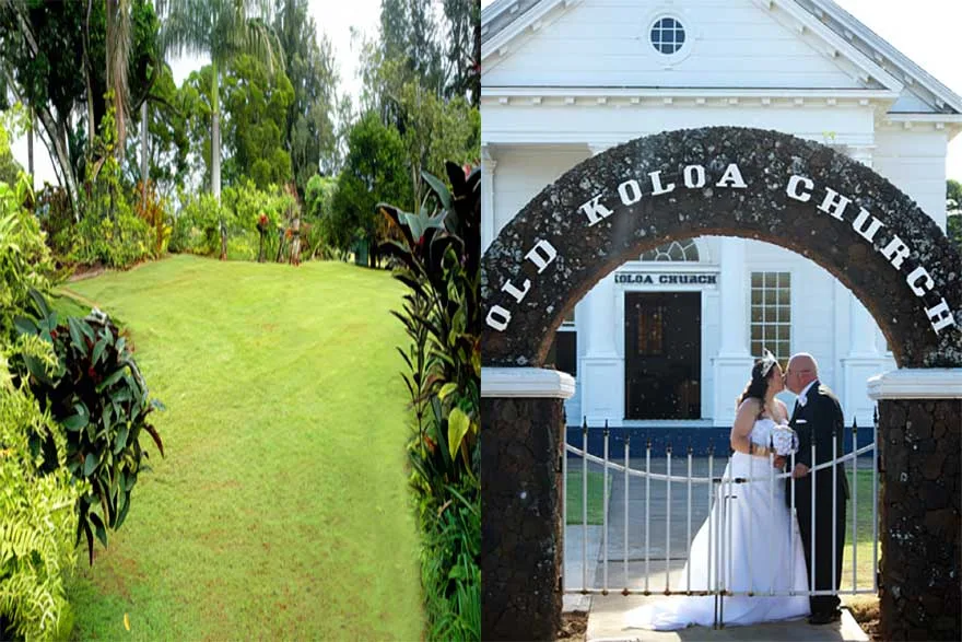 Kukuilono Japanese Garden and arched entry to Koloa Church - Locations for wedding ceremonies by Kauai South Shore Weddings with Pastor Kilborn.
